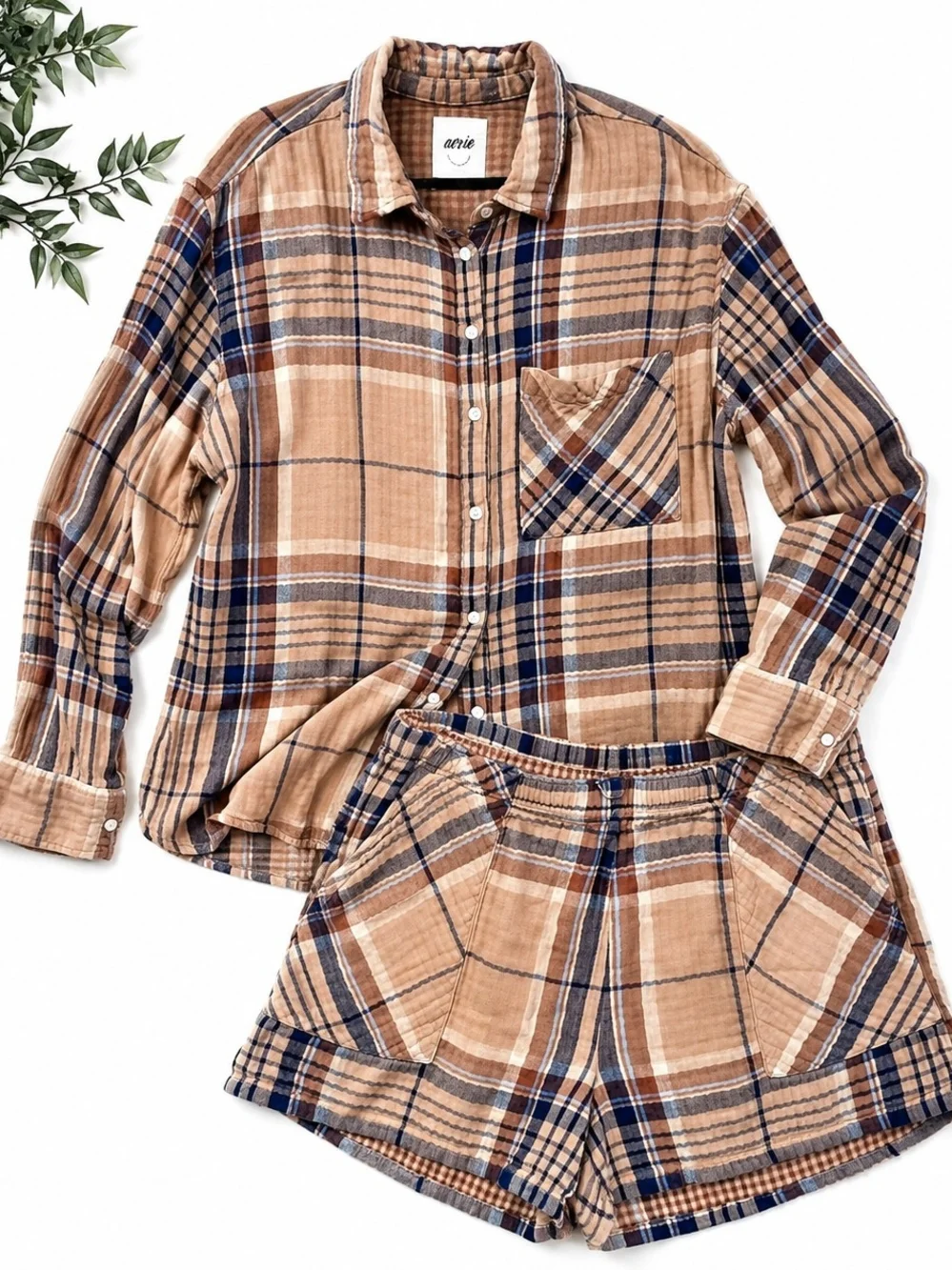 Aerie Women's Size Large Plaid 2 Piece 100% Cotton Shirt Shorts Lounge Set